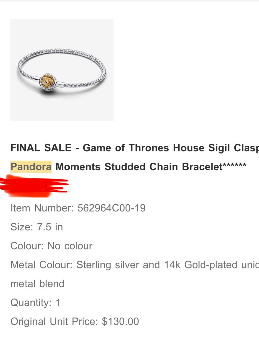 Game of thrones house sigil clasp pandora moments studded chain bracelet - Picture 5 of 5